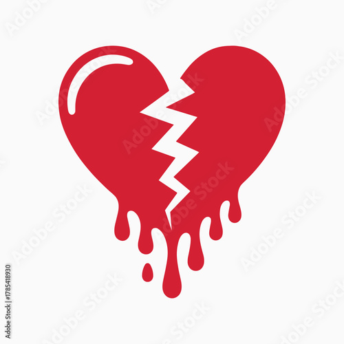 Red broken heart with dripping liquid and jagged crack on white background love sadness