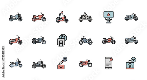 A collection of various colorful motorcycle icons in a clean, minimalist style, alongside other stylized design elements, possibly representing information or services