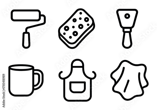 Outline icons of cleaning tools and kitchen essentials on dark background