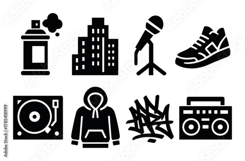 Hip hop icons: microphone graffiti spray can boombox hoodie sneaker turntable cityscape