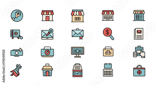 Collection of various colorful, flat-style vector icons arranged in rows. Icons depict shops, messages, cameras, monitors, briefcases, magnifying glasses, documents, and more