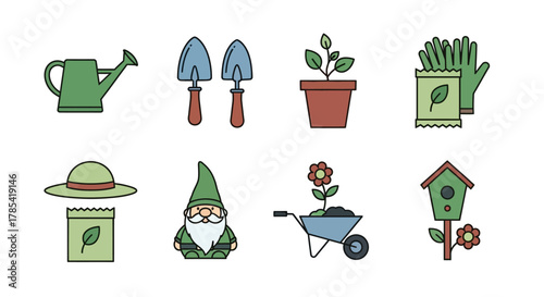 A collection of eight colorful, flat illustrations related to gardening, including a watering can, trowels, potted plant, gloves, hat, gnome, wheelbarrow, and birdhouse