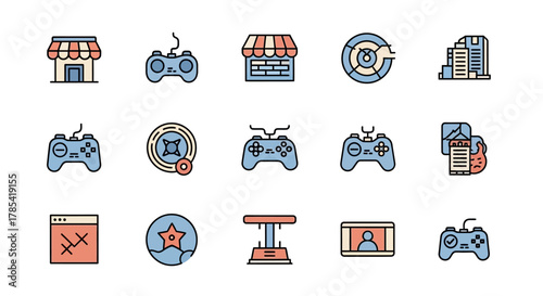 A collection of simple, colorful vector graphics featuring a shop, controller, targets, a building, online interface, stage, webcam and more. Various icons are presented