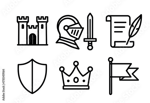 Medieval icon set: castle, knight helmet, sword, scroll, shield, crown, flag