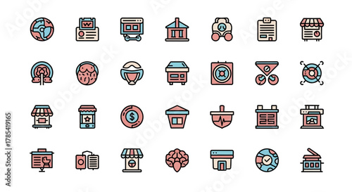 Collection of stylized, colorful icons on a white background, using pastel and bold colors. The icons are mostly geometric with rounded corners, encompassing diverse concepts