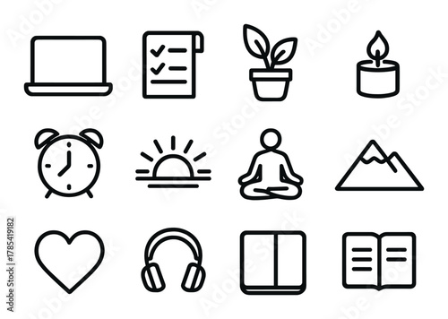 Minimalist icons of laptop, checklist, plant, candle, clock, sunrise, meditation, mountain, heart, headphones, notebook, book