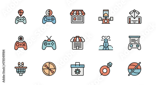 A collection of simple, colorful, line-art icons. Various subjects are represented, including game controllers, stores, and more abstract shapes, all with black outlines. The style is modern and clean