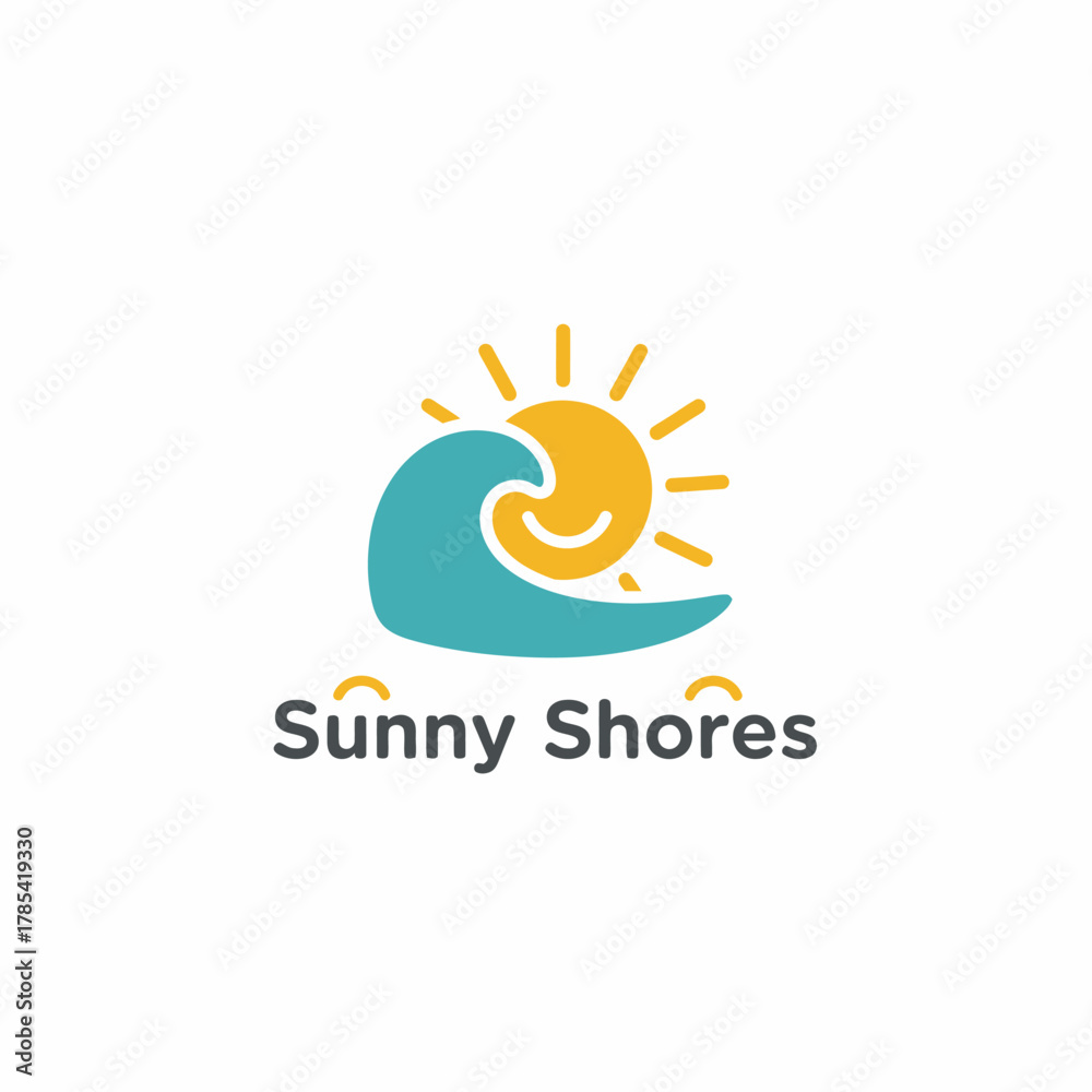 Fototapeta premium Cheerful logo features a smiling sun, ocean wave, and text. Perfect for travel or beach themes