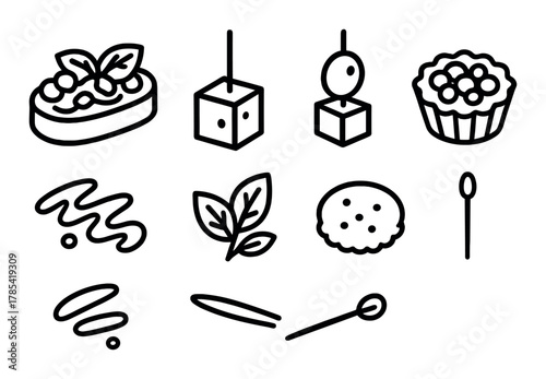 Minimalist line icons of appetizers and desserts on brown background