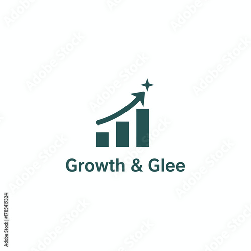 A logo design with a dark green graph with an upward arrow and star. Below is the text "Growth & Glee