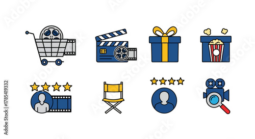 A collection of movie-related icons, featuring a film reel in a shopping cart, clapperboard, gift box, popcorn, film strip, director's chair, star rating, and camera with a magnifying glass