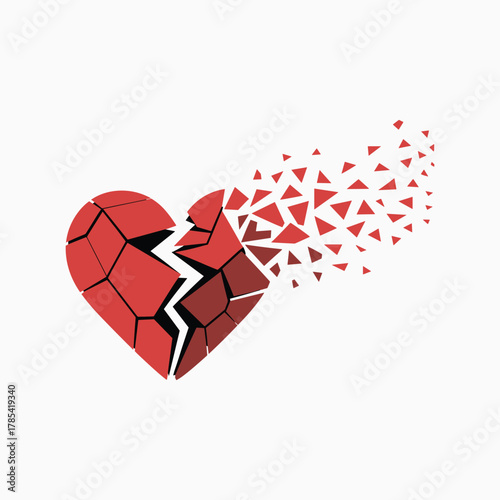 Red heart shape breaking apart into small red triangles and fragments broken shattering