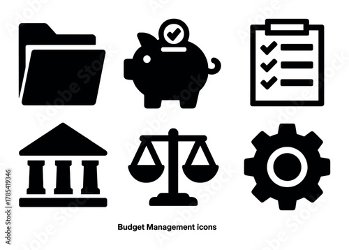 Budget management icons: folder, piggy bank, checklist, bank, scales, gear