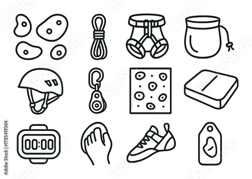 Essential rock climbing gear icons: harness, helmet, shoes, chalk, rope, holds