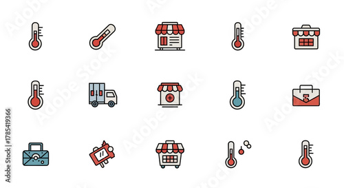 A collection of simple, colorful icons featuring thermometers, shops, a delivery truck, and briefcases, all outlined in black. Icons vary in color, composition and style