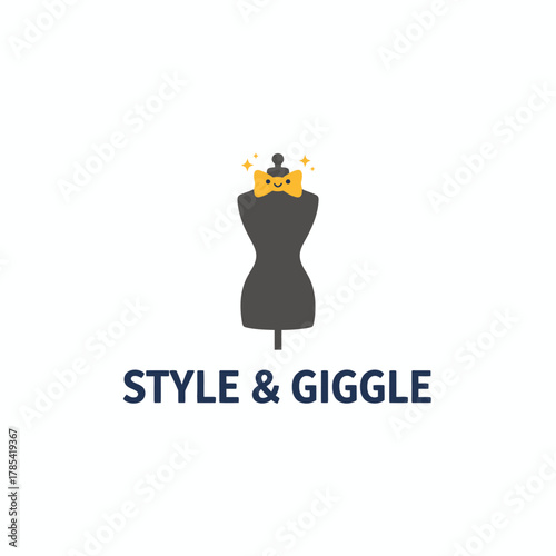 A fashion-themed logo with a dress form wearing a happy bow tie. Text "Style & Giggle" below