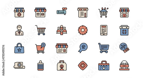 A flat design vector illustration set with colorful icons relating to shops, shopping carts, bags, mobile device, awards, and a user figure