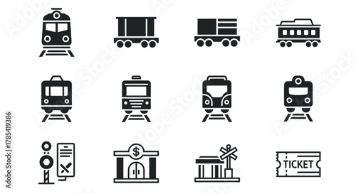 A collection of black and white train and railway icons. Includes various train types, wagons, signal, bank, station and ticket illustrations. A minimalist design, perfect for transportation themes