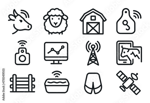 Smart farm icons: cow, sheep, barn, iot, and satellite symbols on dark background