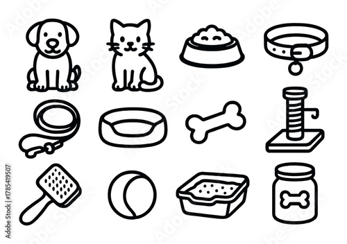 Pet essentials icons: dog, cat, toys, food, accessories