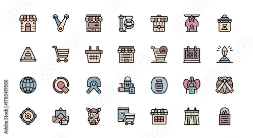 A collection of 28 colorful, simple-line icons set on a white background. Icons depict varied concepts, including shopping, objects, figures, and symbols of different kinds. All are flat style designs