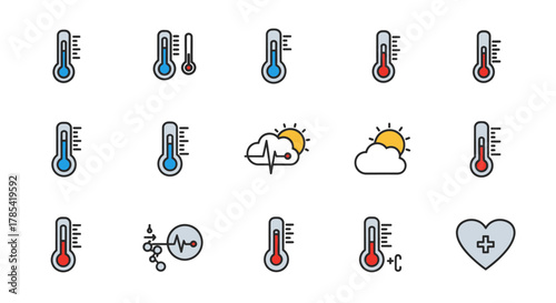 Collection of various temperature icons, showcasing thermometer readings, sun, clouds, and health-related symbols, represented in a colorful, minimalist style