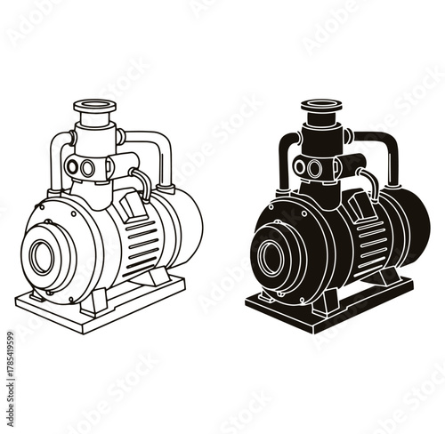 Black and white illustration of a water pump machine for industrial and technical designs
