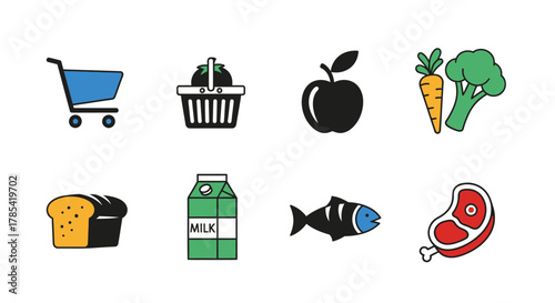 A collection of simple, colorful icons representing grocery items like produce, dairy, and meat. There's also a shopping cart and basket. The items are flat and stylized