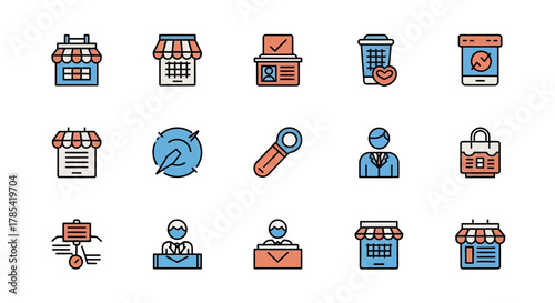 A collection of colorful, flat-style icons featuring shops, tools, people, a mobile phone, and business-related symbols. They use a simple, modern design