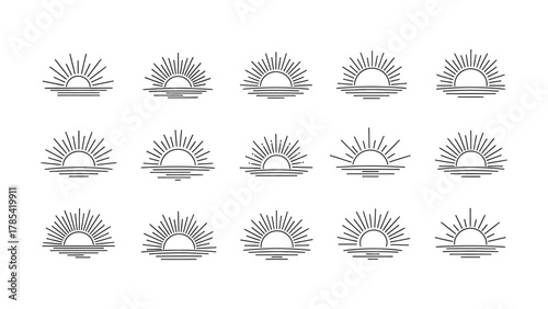 Set of Abstract Sun and Sea Horizon Icons with Radial Sunburst Line Art Design