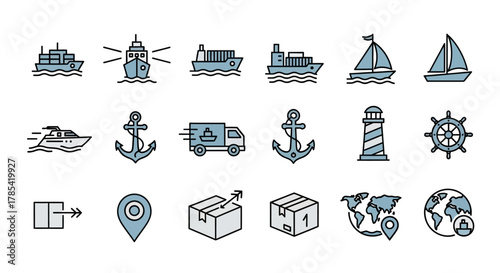 A collection of simple, stylized illustrations depicts various modes of transport, navigation, and global logistics, featuring boats, anchors, trucks, packages, a world map, and a lighthouse