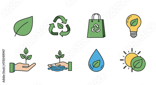 A vibrant collection of ecological icons, including a leaf, recycling symbol, tote bag, lightbulb, hands nurturing plants, water droplet, and a sun with a leaf. The art has a modern, minimalist design