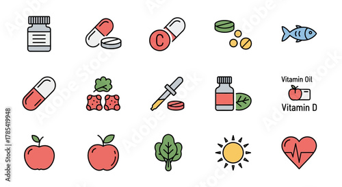 A colorful collection of health-related icons, including pills, a fish, fruits, vegetables, sun, dropper, and a heart, suggesting wellness and nutrition