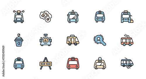 A collection of colorful, flat-style icons featuring various modes of transport, a ticket, and user-related graphics, all set against a white background