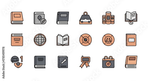 A collection of simple, colored illustrations, featuring books, world maps, circles, and other educational elements, all on a white background