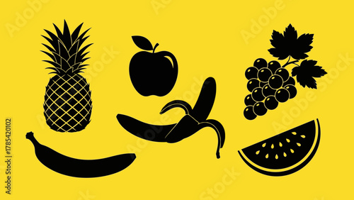 A vibrant yellow background showcasing a collection of diverse tropical and common fruits in silhouette