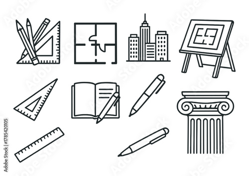 Architectural elements: tools, plans, and structures on olive green background