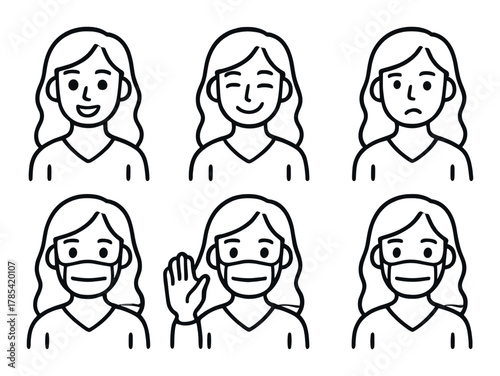 Cartoon female emotions: expressions and masks on asian adult character