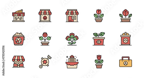 A collection of colorful, flat-style icons featuring shops, potted plants with roses, a popcorn bucket, a baby rattle, a birthday cake, and a toolbox