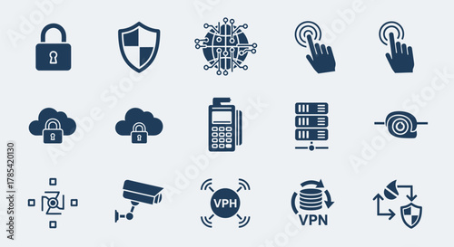 A collection of simple, flat design icons in a consistent dark blue, suggesting digital security, data, and communication concepts. Images include locks, shields, and touch interface symbols