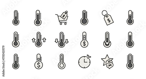A collection of sixteen thermometer icons, some with dollar signs, arrows, and a shopping cart, representing price, time, and trend concepts