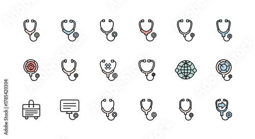 A collection of various medical stethoscope illustrations, with varying colors and accompanying symbols or additional elements, like a globe and a luggage
