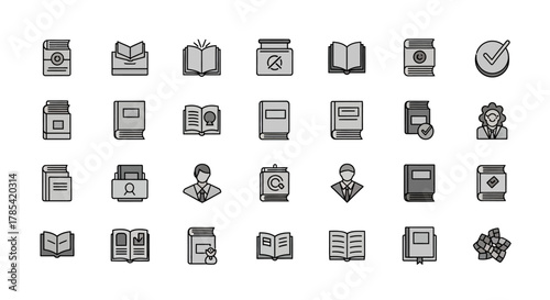 A collection of gray-toned icons, mostly depicting books in various forms closed, open, with symbols. Also includes a person, search, and a checkmark. Each design is simple and geometric