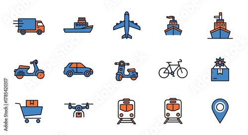 A collection of stylized transportation icons in blue and orange, including various vehicles like trucks, boats, planes, bikes, and delivery elements