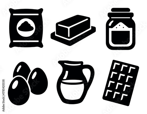 Silhouettes of baking ingredients: flour, butter, sugar, eggs, milk, chocolate