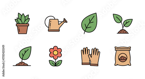 Colorful illustrated icons of gardening tools and plants, including a potted plant, watering can, leaves, seedlings, flower, gloves, and a bag of soil