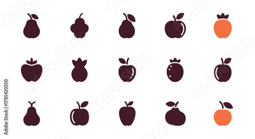 Stylized silhouettes of various fruits, with two colored in orange, arranged in rows on a white background. The designs vary in shape and detail