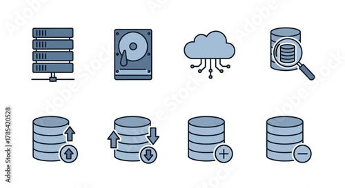 Icons illustrating data storage and management. Includes server racks, hard drives, cloud computing, database with magnifying glass, data upload/download, data add/remove in vector style
