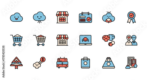 A collection of 18 colorful, outlined icons. Subjects include weather, shopping, computing, education, commerce, people, and more. Illustrated in a flat style, suitable for various digital uses