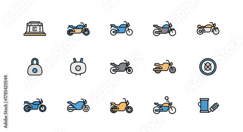 A collection of colorful, minimalist icons. Includes various motorcycles, a padlock, an unknown object, and other stylized symbols, all on a white background, using primary colors